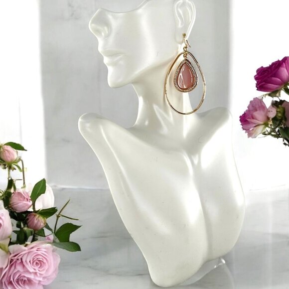 NEW Jennifer Miller Gold Plated Pink Stone Teardrop Statement Earrings - Picture 1 of 4